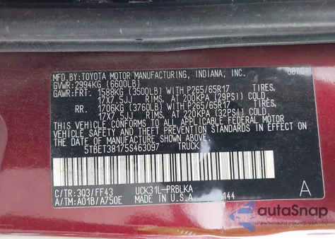 2005 Toyota Tundra Limited V8 z USA, uszkodzony, nr VIN 5TBET38175S463097